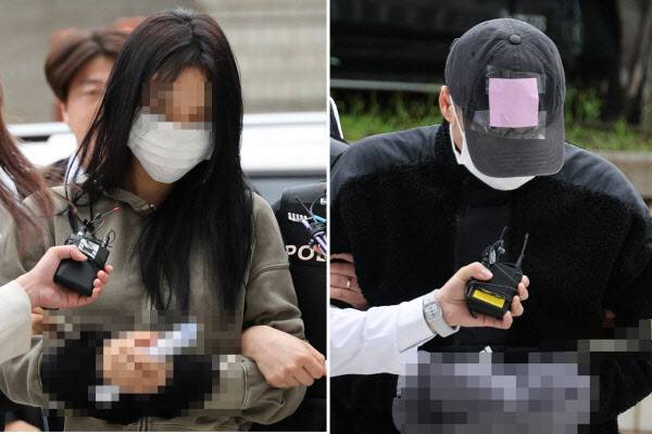 축구 국가대표팀 주장 손흥민의 아이를 임신했다고 주장하며 손씨에게 돈을 뜯어내려 한 20대 여성 양모씨(왼쪽)와 40대 남성 윤모씨가 17일 영장실질심사를 받기 위해 서울중앙지법에 들어서고 있다. (사진=연합뉴스)