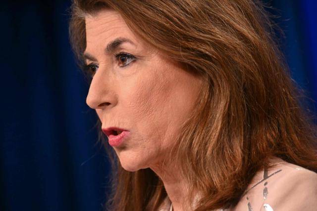 4월 15일 미국 워싱턴 국무부 청사에서 브리핑을 하고 있는 태미 브루스 국무부 대변인. AFP 연합뉴스 자료사진