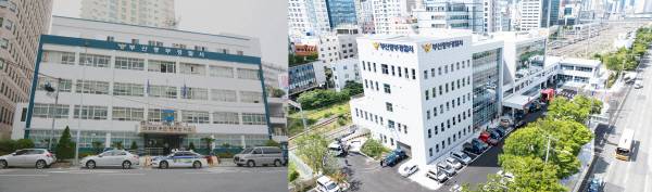 부산 중구 대창동 중부경찰서 현 청사(왼쪽)와 인근 중앙동 새 청사 전경. 국제신문 DB·전민철 기자 jmc@kookje.co.kr