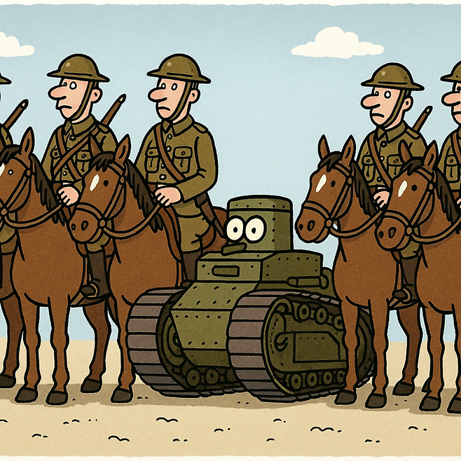 기마부대 사이에 홀로 끼어있는 탱크. DALL-E3