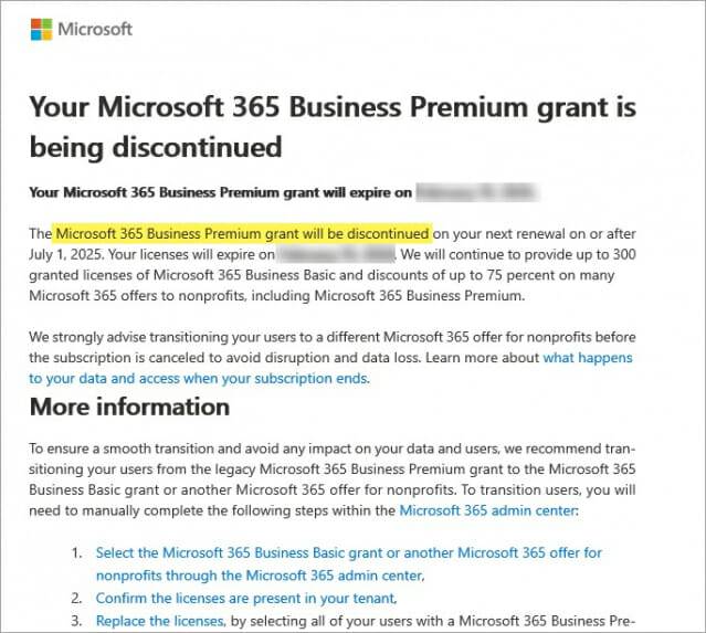마이크로소프트 365 비즈니스 프리미엄 지원 중단을 알리는 메일(이미지=마이크로소프트)