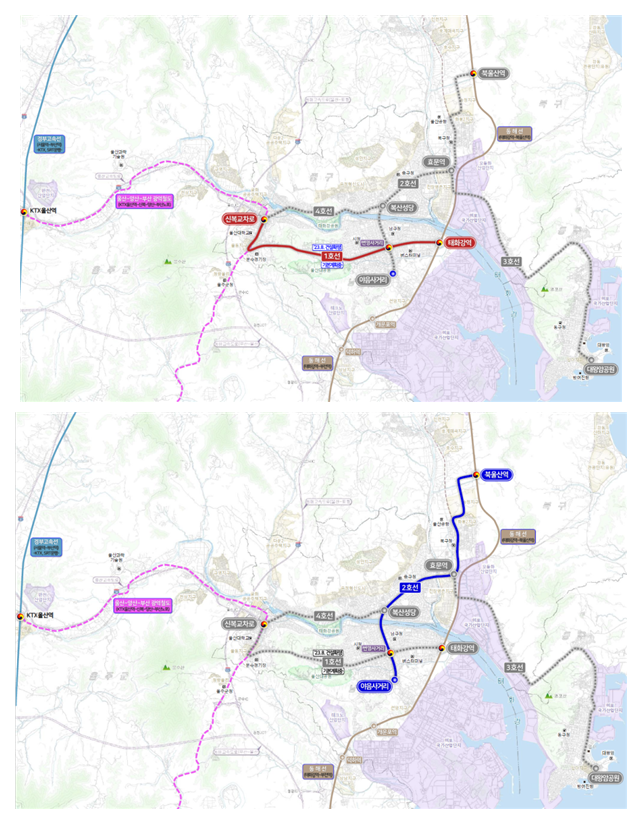 울산 도시철도 1호선(위) 2호선(아래)