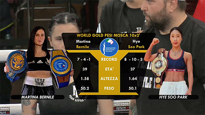 마르티나 베르닐레 vs 박혜수 2025년 6월 세계복싱협회 여자 플라이급 골드 챔피언결정전 생중계 프로필. 박혜수는 WBA 라이트플라이급 아시아 챔피언, 베르닐레는 전 EBU 플라이급 챔피언이다. 사진=이탈리아복싱연맹(Federazione Pugilistica Italiana) 영상 화면