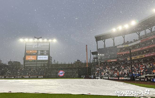 15일 오후 대전 한화생명 볼파크에서 열린 '2025 신한 SOL Bank KBO리그' LG 트윈스와 한화 이글스의 경기, 5회말 1사 2루 한화 채은성 타석때 갑작스럽게 비가 내리며 우천 중단되었다. 대전, 김한준 기자