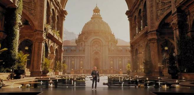 젠슨 황 최고경영자(CEO)의 올해 5월 '컴퓨텍스 2025' 기조연설 배경에 활용된 DLSS(AI 기반 프레임 생성 기술) 그래픽 화면. 컴퓨텍스 캡처.