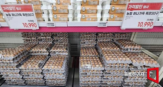 계란 가격이 전년대비 11.5% 상승하며 계란 한 판 가격이 평균 7천원을 넘어서며 '밥상물가'가 비상이다. 사진은 10일 서울의 한 대형마트의 계란 판매대 모습. 2025.06.10