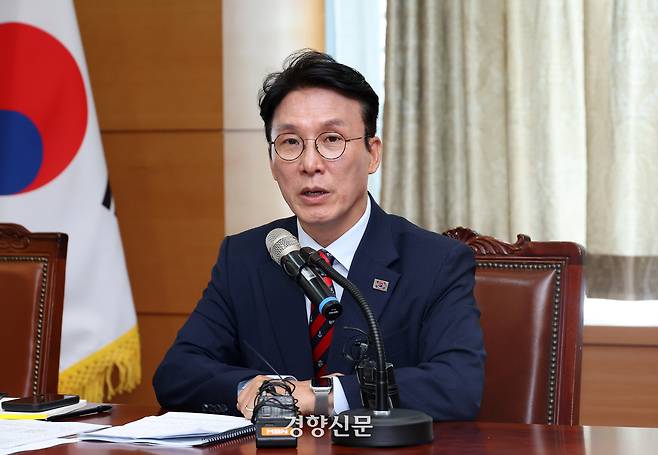 김민석 국무총리 후보자가 지난 13일 서울 통의동 인사청문준비단 사무실에서 열린 밥상물가 안정 간담회에서 발언하고 있다. 권도현 기자