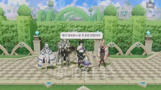 스토리 진행 중 캐릭터 들이 움직이는 화면. 전투에도 등장하는 픽셀캐릭터 상태로 움직인다. 이 부분은 제법 공이 들어갔다는 느낌이 확실히 있다. 자료 출처 : '테르비스' 인게임 화면 캡처.