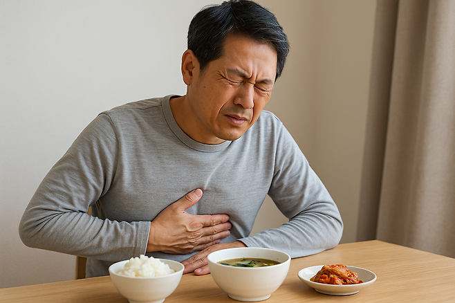 식사 후 명치를 부여잡는 중년 남성