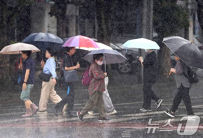 16일 오전 대구 수성구 달구벌대로에 많은 비가 쏟아지자 시민들이 우산을 펼쳐 비를 피하며 길을 건너고 있다. 2025.6.16/뉴스1 ⓒ News1 공정식 기자