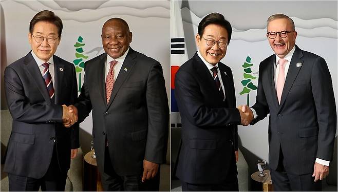 이재명 대통령이 16일(현지시각) 캐나다 앨버타주 캘거리의 한 호텔에서 열린 한-남아공 정상회담에서 시릴 라마포사 남아프리카공화국 대통령과 악수하고 있다.(왼쪽 사진) 이날 이곳에서 한-오스트레일리아 정상회담이 열려 이 대통령이 앤서니 앨버니지 오스트레일리아 총리와 악수하고 있다. 캘거리/김태형 기자 xogud555@hani.co.kr
