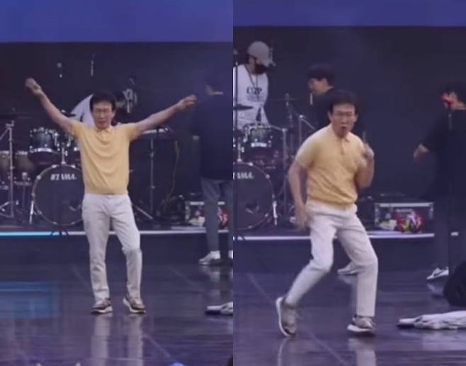 방송인 임성훈이 모교인 연세대학교 축제 무대에서 응원단장의 면모를 뽐낸 모습이 온라인에서 화제다. /사진=온라인 커뮤니티