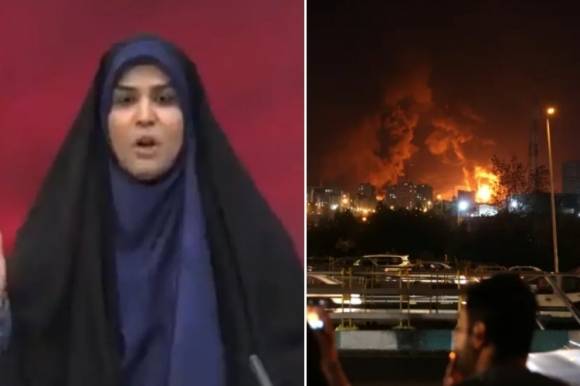 16일(현지시간) 오후 6시 30분쯤 이란 테헤란에 있는 IRIB 방송국 본사가 두 차례 공습을 당했다. 왼쪽은 폭격을 받기 직전 생방송 중인 여성 앵커의 모습, 오른쪽은 이란의 공습으로 화재가 발생한 테헤란의 모습. 로이터 연합뉴스