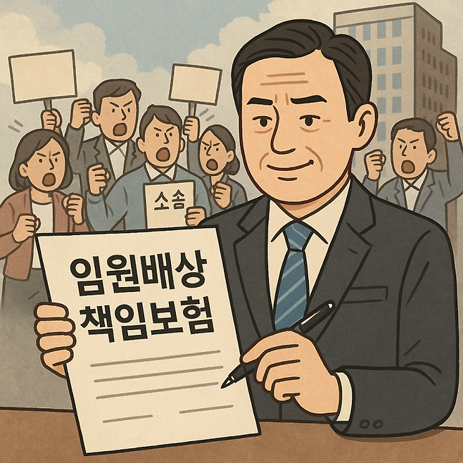 기업에서 주주나 제3자 소송에 대비하기 위해 임원배상책임보험(D&O) 가입을 준비하는 상황을 그린 모습. 챗GPT