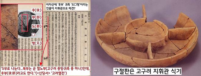 아차산 4보루 출토 식기 중 5첩 반찬을 담을 수 있는 구절판이 눈길을 끈다. 이곳에서는 ‘후부 도□형’명 용기가 확인됐다. 고구려의 귀족인 ‘오부’ 중 ‘후부’ 소속 귀족인‘ 도□형’이 파견되었을 수도 있다. 구절판이 지휘관급 식판이었을 수도 있다.|아차산4보루 보고서에서