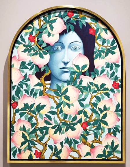 호암미술관 전시에 나온 니콜라스 파티 작, '복숭아가 있는 초상'(2024, 리넨에 소프트 파스텔, 150x109.9㎝). 호암미술관 제공