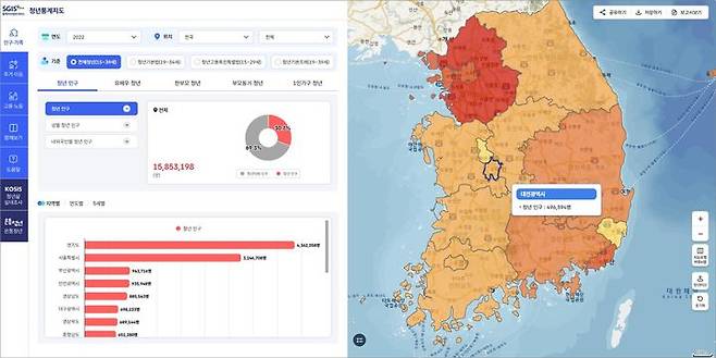 통계청이 18일 통계지리정보서비스(SGIS)에서 서비스를 시작한 청년통계지도.(사진 : 통계청 제공) 2025.6.18 *재판매 및 DB 금지
