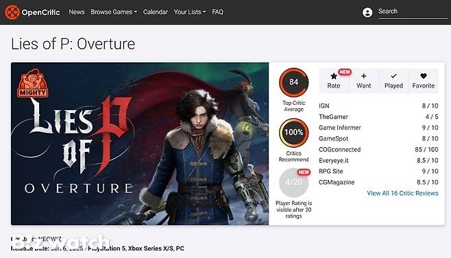 P의 거짓 서곡 오픈크리틱 평점/사진=네오위즈 제공