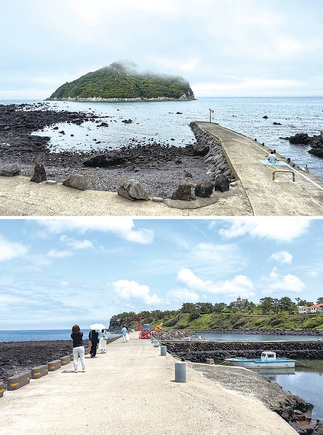 (위) 제주의 어항 분위기를 간직한 구두미포구 (아래) 고내포구에서 시작되는 제주올레길