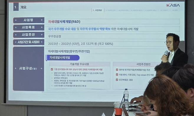 박순영 우주항공청 재사용발사체 프로그램장이 20일 서울 용산구 서울비즈센터에서 ‘차세대발사체 개발사업 사업내용 변경안’을 설명하고 있다. 김규남 기자 3strings@hani.co.kr