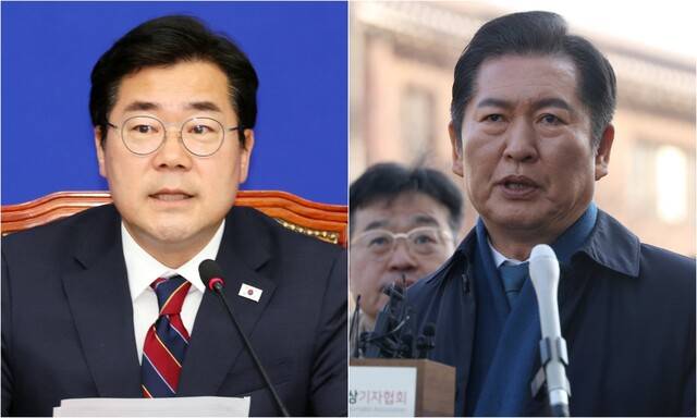 박찬대 전 더불어민주당 원내대표(왼쪽)와 정청래 전 국회 법제사법위원장(오른쪽). 김경호 선임기자, 사진공동취재단