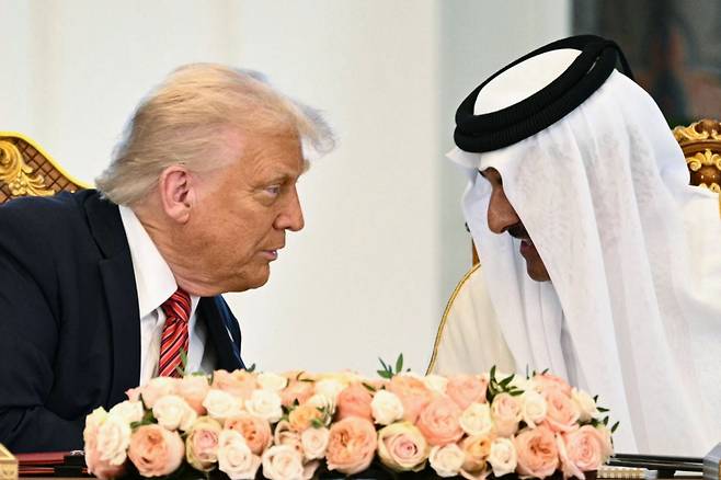 도널드 트럼프 미국 대통령이 지난달 14일(현지시간) 중동 순방 중 도하 왕궁에서 열린 서명식서 셰이크 타밈 빈 하마드 알사니 카타르 국왕과 얘기를 하고 있다. /AFPBBNews=뉴스1