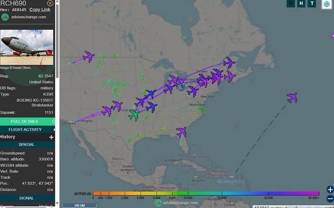미국 레이더망에 잡힌 공중급유기 움직임 출처: Osinttechnical 3:54 PM · Jun 15, 2025