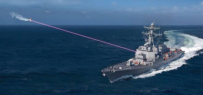 미국 해군 함정에서 레이저 무기를 발사해 적 비행체를 격추하는 상상도. 미 해군 제공