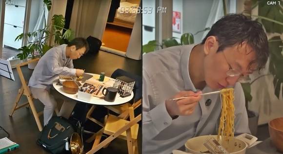 10일 유튜브 채널 ‘슬슬: 슬로우 라이프’에 출연한 정희원 서울아산병원 노년내과 교수가 라면을 끓여먹고 있다. 2025.6.10 유튜브