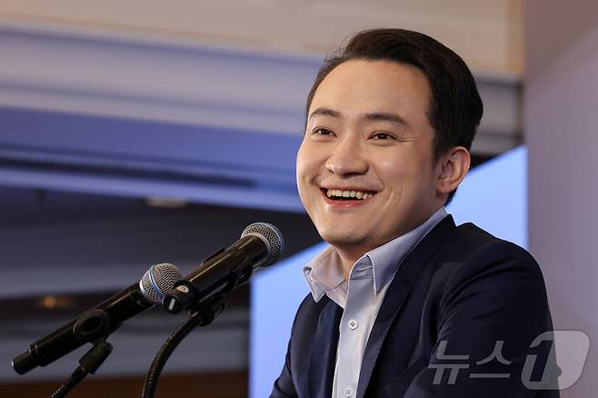 암호화폐 트론은 만든 저스틴 선이 2025년 3월 홍콩 기자회견에서 발언하고 있다. ⓒ 로이터=뉴스1 ⓒ News1 박형기 기자