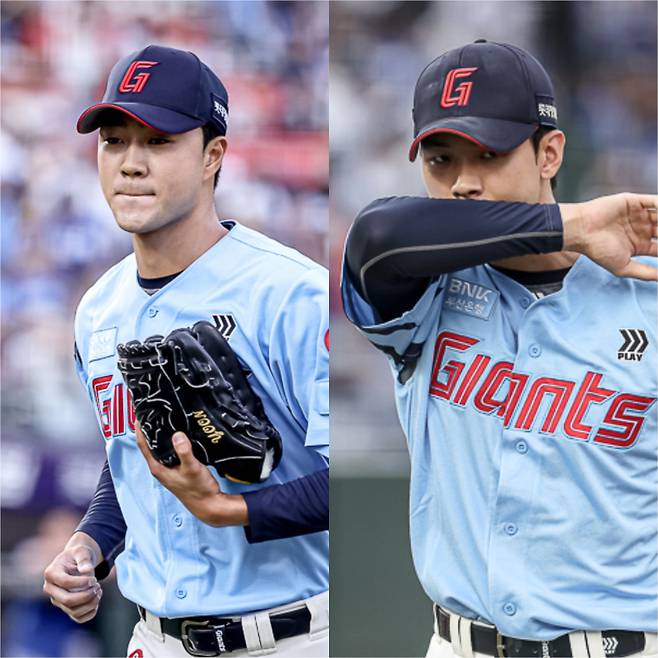 롯데 자이언츠 윤성빈(왼쪽)과 홍민기가 22일 삼성전 승리 발판을 만들었다. 사진=롯데 자이언츠