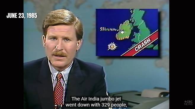 1985년 6월 아일랜드 남부 해안 상공에서 폭발해 바다로 추락한 에어 인디아 182편 항공기에 대해 보도하는 CBC News 앵커의 모습. /사진=유튜브 채널 'CBC News' 캡처