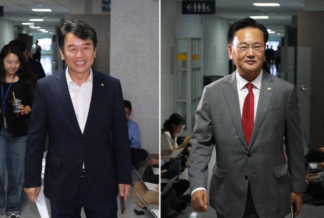 문진석(왼쪽 사진) 더불어민주당 원내수석부대표와 유상범 국민의힘 원내수석부대표가 상임위원장 배분 등 협상을 위해 23일 서울 여의도 국회 의원회관 문진석 의원실로 각자 향하고 있다. 뉴시스