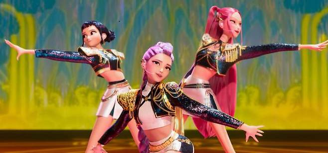HUNTR/X, a K-pop girl group battles evil spirits in the Netflix animated feature “KPop Demon Hunters.” Courtesy of Netflix