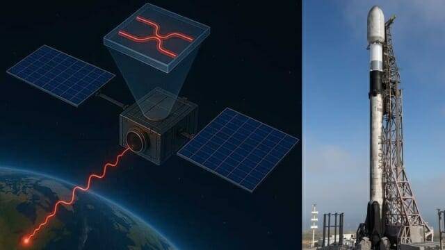 양자컴퓨터를 탑재한 위성(좌측)과 스페이스X 팰컨9 로켓(우측)의 모습 (출처=빈 대학/스페이스X)