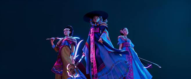 춤과 노래로 악귀를 물리치는 ‘헌터’들은 과거엔 무당, 현대엔 아이돌로 활동하며 세계를 지키고 있다. 미국 소니 픽처스가 제작한 애니메이션 ‘케이팝 데몬 헌터스’는 무속 신앙과 K팝 등 한국적인 요소를 세계관에 자연스럽게 녹여내며 호평을 받고 있다. /넷플릭스