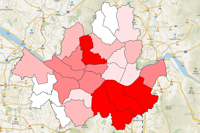 구별 등급화 서울시 자치구별 땅꺼짐 지도. 색이 진할수록 침하 사고 관련 정보가 밀집된 지역임.