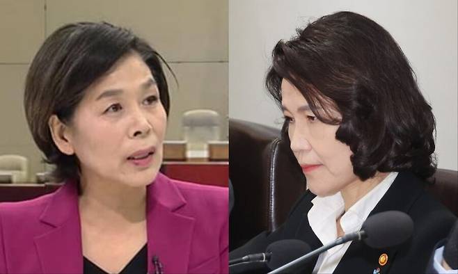 최민희 더불어민주당 의원(왼쪽), 이진숙 방송통신위원장이 지난 10일 서울 용산 대통령실에서 열린 국무회의에 참석할 때의 모습. 최 의원 페이스북 갈무리, 연합뉴스