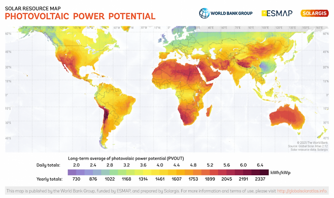 세계 태양광 발전 잠재력 지도 (출처: Global Solar Atlas)