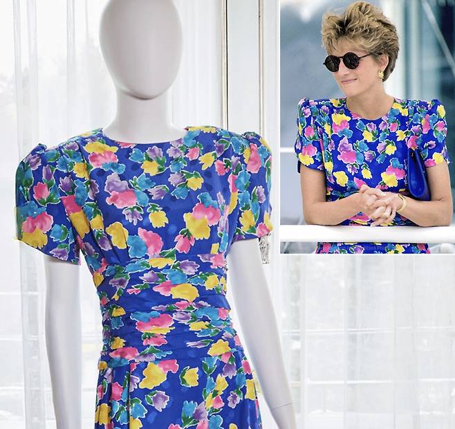 26일(현지시간) '프린세스 다이애나의 스타일 & 로열 컬렉션' 경매에서 52만 달러에 낙찰된 다이애나비의 '돌봄 드레스' <출처=줄리언스 옥션 엑스(X) 게시물 갈무리>