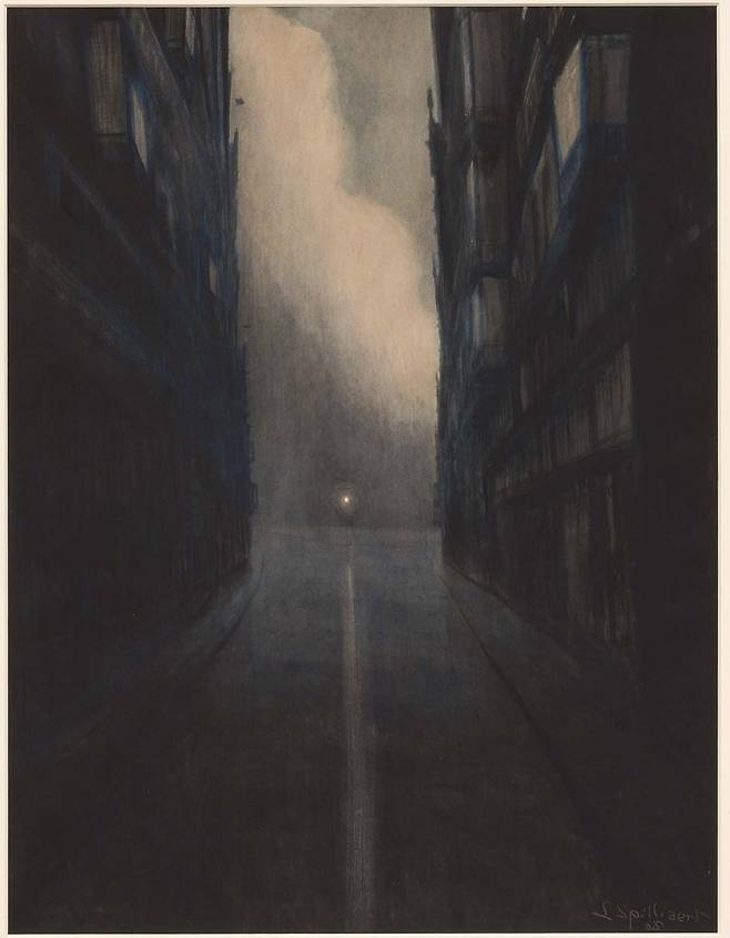 오스텐드의 길거리(1908). 밤에 산책을 나갈 때 그는 이런 풍경을 마주했을 것이다.