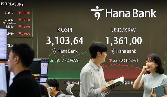<악재 턴 코스피 3100도 훌쩍> 24일 중동 긴장 완화 기대감에 힘입어 코스피지수가 3년9개월 만에 3100선을 돌파했다. 이날 서울 중구 하나은행 본점 딜링룸 전광판에 종가 3103.64가 표시돼 있다. 김창길 기자
