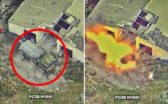 27일(현지시간) 우크라이나군은 자국 무인장비군(SBS) 소속 제413무인장비대대가 우크라이나 동부 노보파블리우카 방면에서 북한제 M1991 다연장로켓포(MLRS)를 격파했다고 밝혔다. 사진은 이날 우크라이나군이 배포한 영상 속 북한제 방사포 파괴 장면. 2025.6.27 우크라군