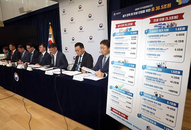 기획재정부 임기근 2차관이 지난 18일 정부세종청사 민원동 공용 브리핑실에서 새 정부 추가경정예산안에 관해 설명하고 있다. 연합뉴스