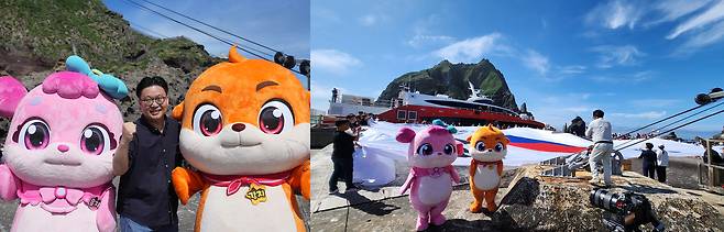 지난달 27일 경북문화재단 콘텐츠진흥원과 서경덕 교수가 함께 한 TV애니메이션 ‘강치 아일랜드’ 사전 홍보 모습. /경북문화재단 콘텐츠진흥원 제공