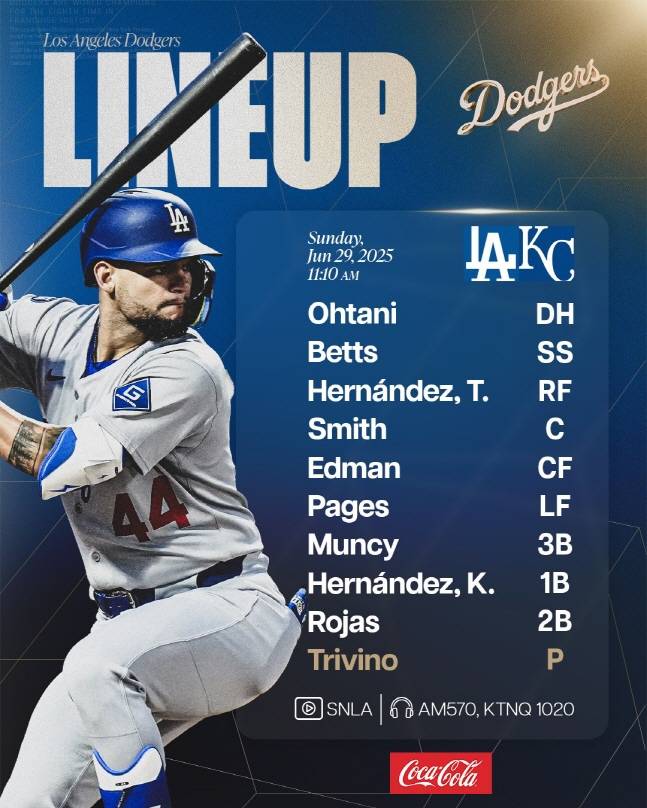30일 캔자스시티전 LA 다저스 선발 라인업. /사진=LA 다저스 공식 SNS