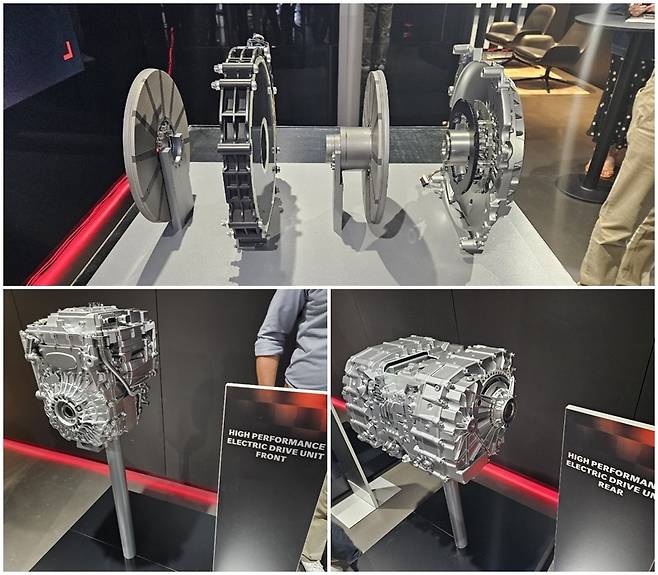 축 방향 플럭스 모터(위쪽부터 시계방향), 하이 퍼포먼스 일렉트릭 드라이버 유닛 리어, 하이 퍼포먼스 일렉트릭 드라이브 유닛 프런트. 독일(아팔터바흐)=서재근 기자