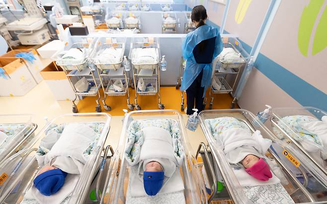 경기 고양시 일산차병원 신생아실에서 간호사가 아기를 돌보고 있다. /뉴스1