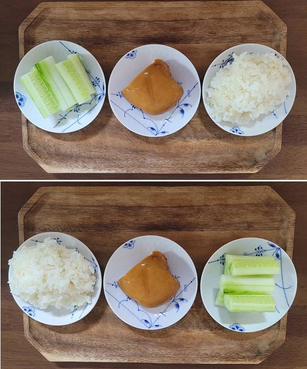 ‘채소-단백질-탄수화물’과 ‘탄수화물-단백질-채소’ 식사 순서에 따른 혈당 차이 비교를 위해 오이·훈제 닭가슴살·백미밥을 먹은 후 혈당 변화를 측정했다.