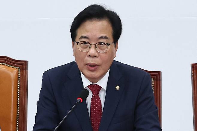 송언석 국민의힘 비상대책위원장 겸 원내대표가 3일 국회에서 열린 비상책위원회의에서 발언하고 있다. 윤운식 선임기자 yws@hani.co.kr